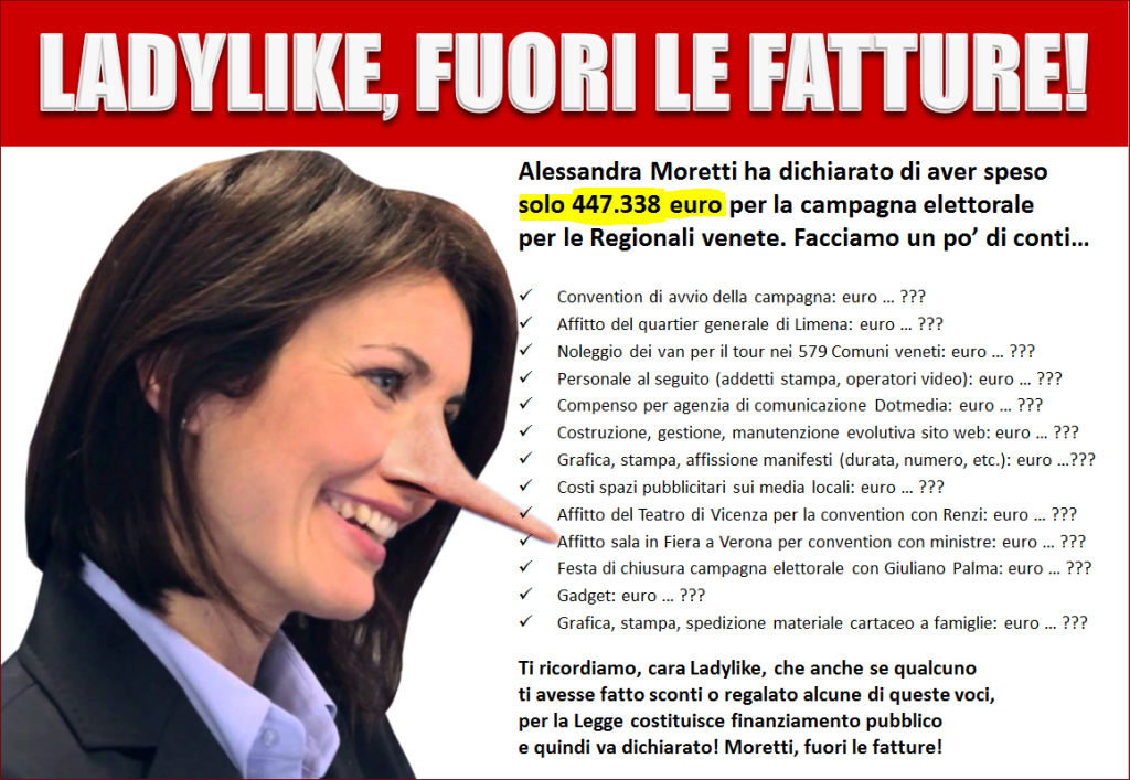 VENETO – Lega alla Moretti: "Mostra le fatture"